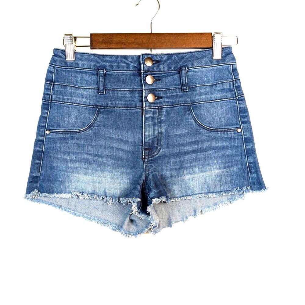 High Rise Triple Button Denim Shorts • Size 4 • Frayed Hem Y2K Mallcore
